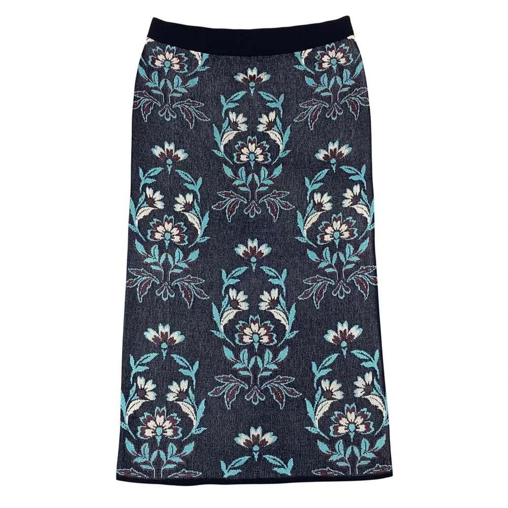Ann Taylor Floral Jacquard Knit Sweater Skirt 2 Piece Set Womens L Navy NEW
